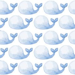 Obraz premium Seamless pattern with cute blue whales. Watercolor hand painted illustration 