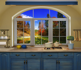Interior blue kitchen.