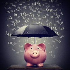 Umbrella protecting piggy bank savings from tax - obrazy, fototapety, plakaty