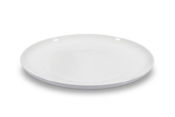 Flat empty white plate shallow on white background from side