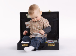 young bookkeeper with suitcase of money