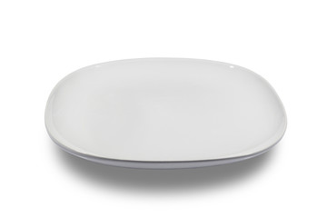 Flat white square plate with rounded corners on white background from side