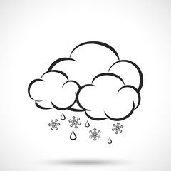 Weather icon. Cloud with rain drops and snowlakes isolated on white background. Snow symbol. Cloud symbol. Rain symbol.