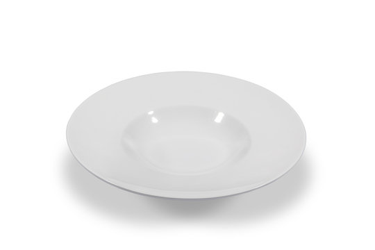 Deep white small soup plate with wide shoulders on white background from side