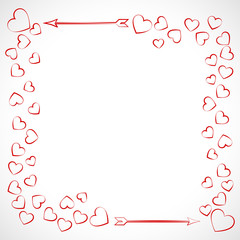 Valentine card with arrow, hearts and border. Greeting card, poster, invitation,sticker and advertisement for february event. Frame of hearts on white background.