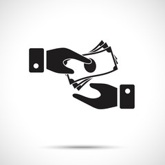 Receiving Money Icon. Corruption symbol. Two vector hands, giving money. Giving a money from one hand to another.
