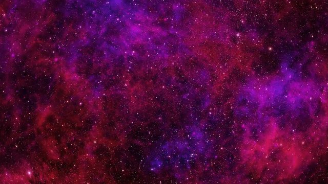 Stars fly past the viewer against a background of pink and red nebula, clouds of gas and dust in space.