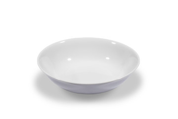 Deep white small soup plate on white background from side