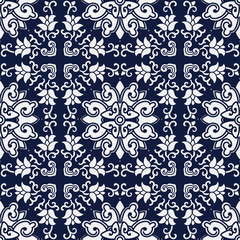 Seamless Blue Japanese Background Cross Spiral Vine Flower
