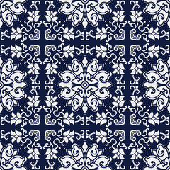 Seamless Blue Japanese Background Cross Spiral Vine Flower