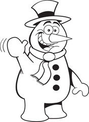 Black and white illustration of a snowman waving.