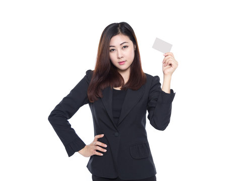 Young woman holding white card in hand isolated on white backgro