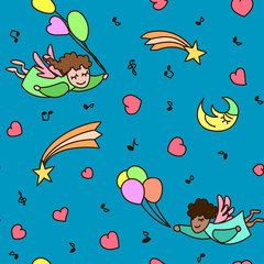 seamless pattern of little cartoon flying angels with heart