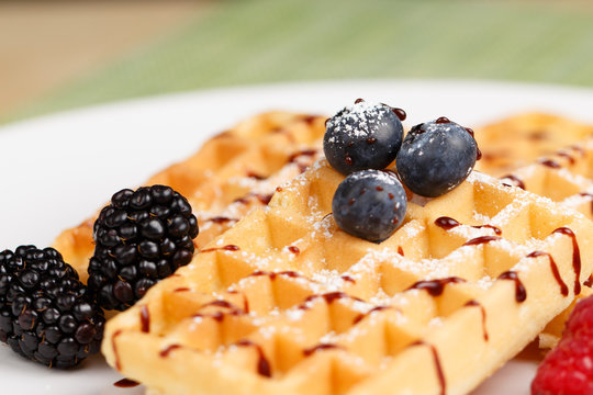 Waffles with powder sugar and berries and chocolate sauce, close