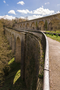 Chirk Aqueduct carrying the Llangollen branch of the Shropshire Union canal built in 1805 by Thomas Telford and railway viaduct on the border of England and Wales