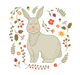 Hand drawn rabbit with floral elements and berries