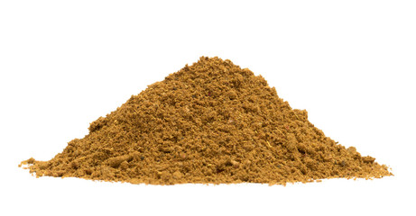 Bio organic ras el hanout spice pile isolated on white background, low angle view
