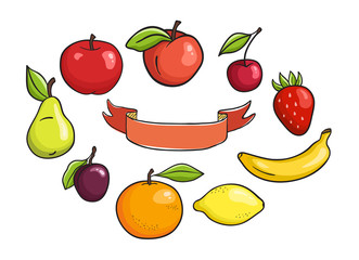 Fruits set and ribbon isolated on white background
