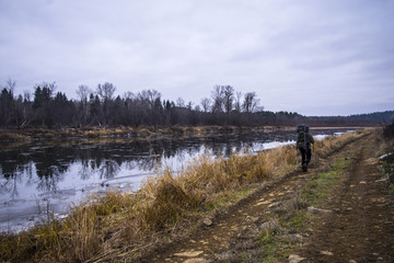 early autumn on the river, road and tourist