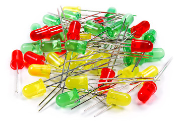 Green, red and yellow LED diodes on a white background