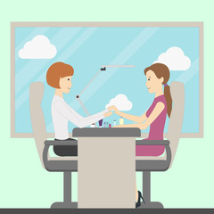 Manicure in salon. Woman makes manicure to another woman. Fashion and spa. Salon interior.
