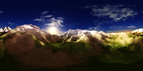 HDRI. Environment map. Mountains under the sky with the sun and clouds 
