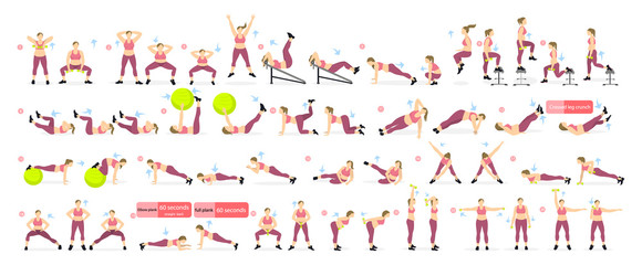 Exercises set for fat girl on white background. All fitness workout including yoga, stretching, weights and more.