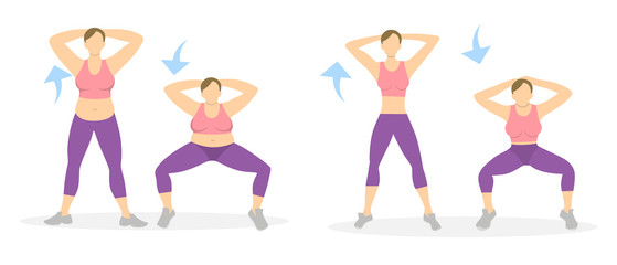 Squats exercise for legs on white background. Healthy lifestyle. Workout for legs. Exercises for women. From fat to skinny.