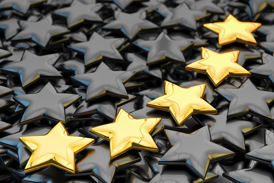 Quality rating, performance review, ranking, evaluation and classification concept, five golden stars shapes on black background