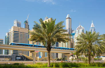 Dubai Marina with luxury skyscrapers and fully automated metro,United Arab Emirates