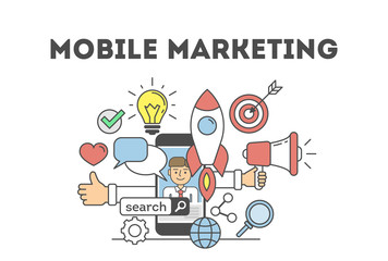 Mobile marketing concept. Banner with icons as loudsoeaker, hands, rocket and light bulb. Idea of search, technology and social media.