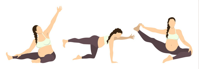 Workout for pregnant set. Yoga training. Healthcare for young mothers. Stretching for health.