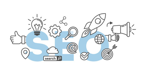 SEO concept banner on white background. Word with icons as light bulb, rocket, cloud and like button. Blue and white design.