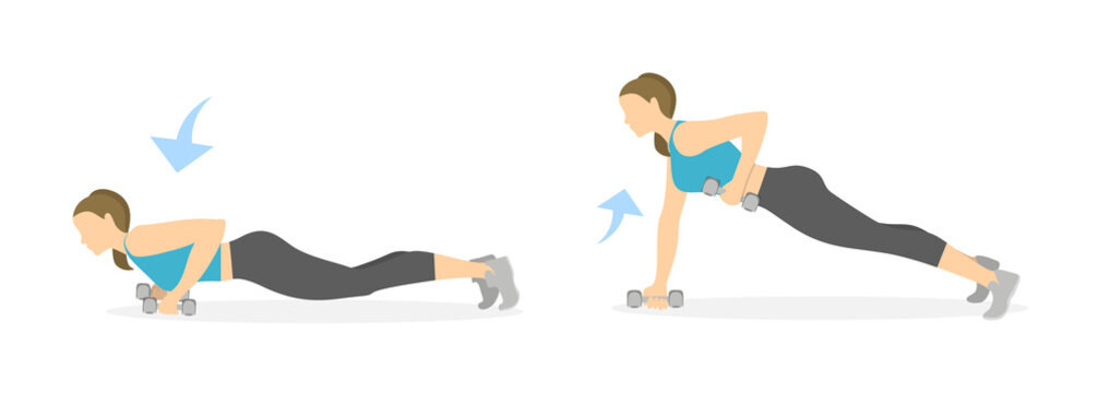 Back exercise for women on white background. Crossfit and fitness. Plank with dumbbels.