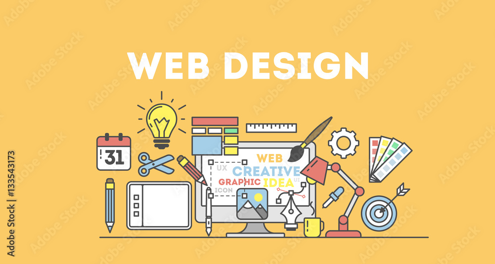Poster web design illustration with icons. concept of creating websites, creating logos and more.
