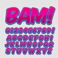 Comic alphabet set. Letters, numbers and figures for kids' illustrations, websites, comics, banners