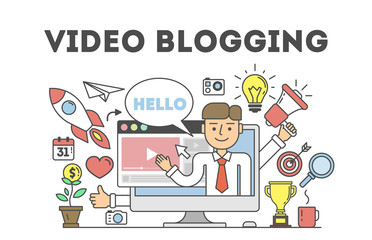 Video blogging concept.Idea of creating videos and vlogs about anything. Illustartion with icons as lightbulv, rocket, laptop screen. White background.