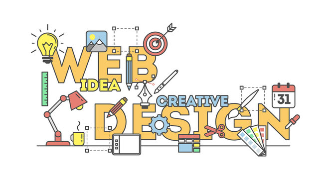 Web design illustration with icons. Concept of creating websites, creating logos, ux, seo and more. White background.
