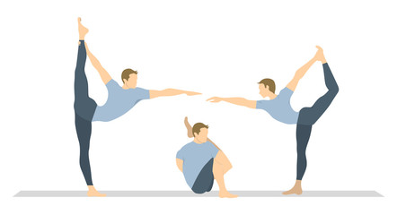 Yoga workout set on white background. Different poses and asanas. Healthy lifestyle. Body stretching. Exercises for men.