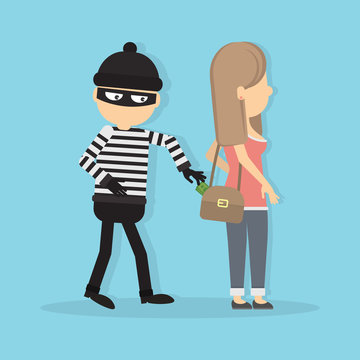 Pickpocket steals money from girl. Concept of danger and attention. Robbery and theft.