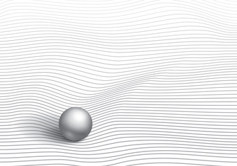 Volumetric gray ball on striped and mint surface, wave lines, minimalistic vector abstraction