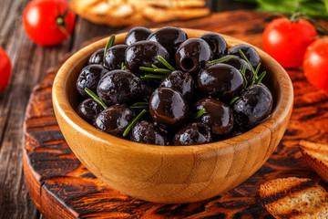 Fresh olives with toasted baguette.