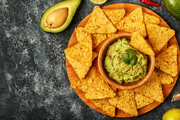 Homemade guacamole with nachos.