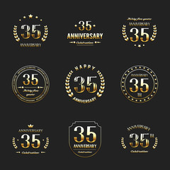 Thirty five years anniversary celebration logotype. 35th anniversary gold logo set.