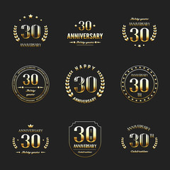 Thirty years anniversary celebration logotype. 30th anniversary gold logo set.
