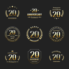 Twenty years anniversary celebration logotype. 20th anniversary gold logo set.