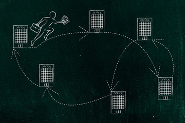 business man moving from one office building to the next;