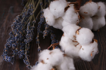 cotton and lavender on wodden table