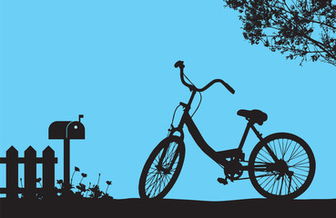 One bicycle parking under blooming flower tree near wood fence and mail box, floral meadow on the ground, silhouette shadow vintage banner travel scene on blue background