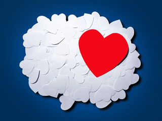 Red paper heart and many white paper heart on blue background.